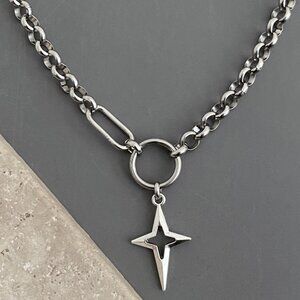 NEW, silver necklace, steel NON-TARNISH CHAIN, plated NORTH STAR punk edgy goth